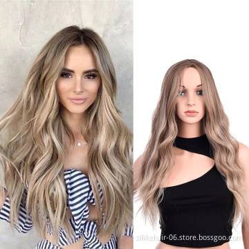 Hot Selling Ombre Ash Brown Color Machine Made Wig For Black Women Daily Use Heat Resistant Synthetic Body Wave Haircut Wigs